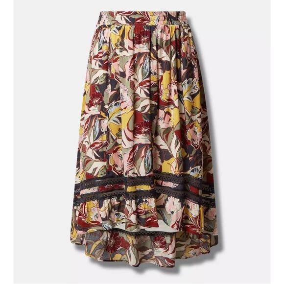 Torrid Plus Maxi Crinkle Gauze Hi-Low Pull On Colorful Floral Midi Maxi Skirt - Picture 2 of 12